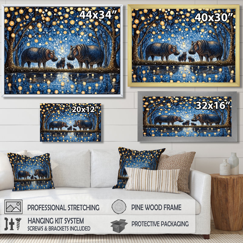 Décoration murale famille hippopotame ciel étoilé II - Hippopotame, H 12 po x l 20 po, Noir