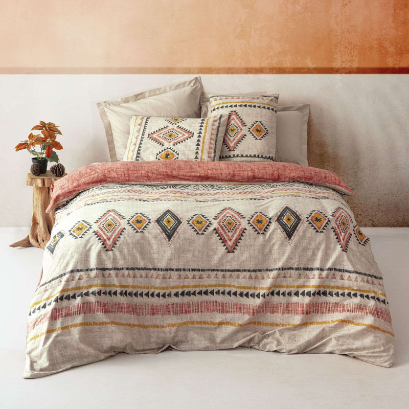 Luxury Ranforce Quilt Cover Set, 100% Cotton, Tile Red, Yellow, White & Black | Duvet Cover 102.4 x 86.6 inches | 2 Pillowcases 23.6 x 23.6 inches | Machine Washable, Elegant Design with Button Closure