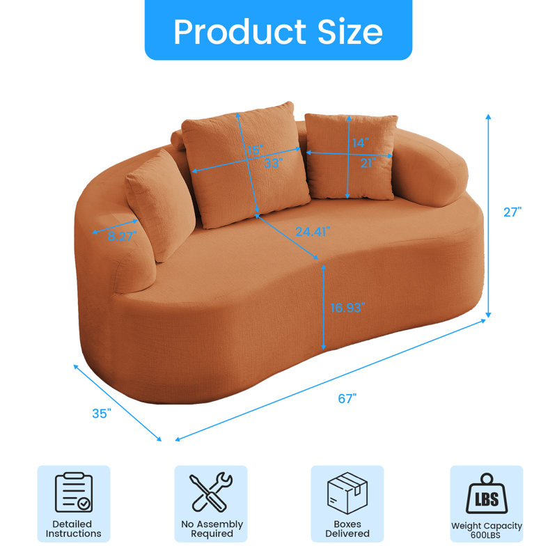 67" Chenille Sectional Curved Sofa With 3 Fluffy Pillows,For Apartment/Small Spaces, Orange