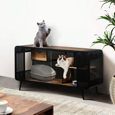 Maison pour chat noir et brun avec fond coulissant - pour vos grands panneaux en verre trempé, fabrication en bois de sapin et en fer, design élégant à différents espaces, intérieur spacieux