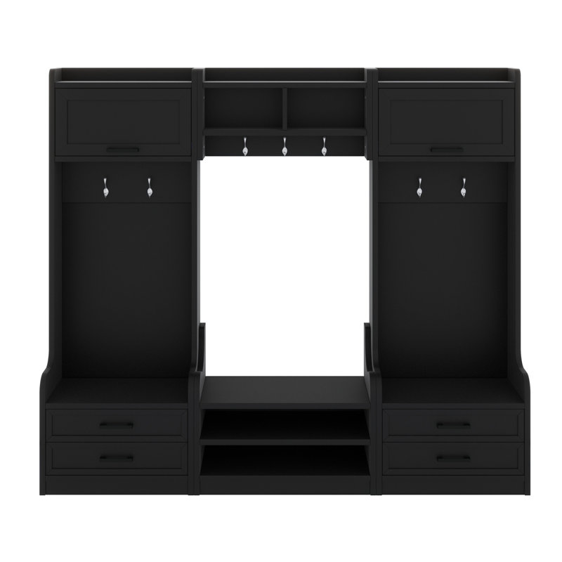 Detachable Hall Tree With Storage And Seven Hooks,  Hallway Coat Rack With Storage Drawers And Cabinet, Black
