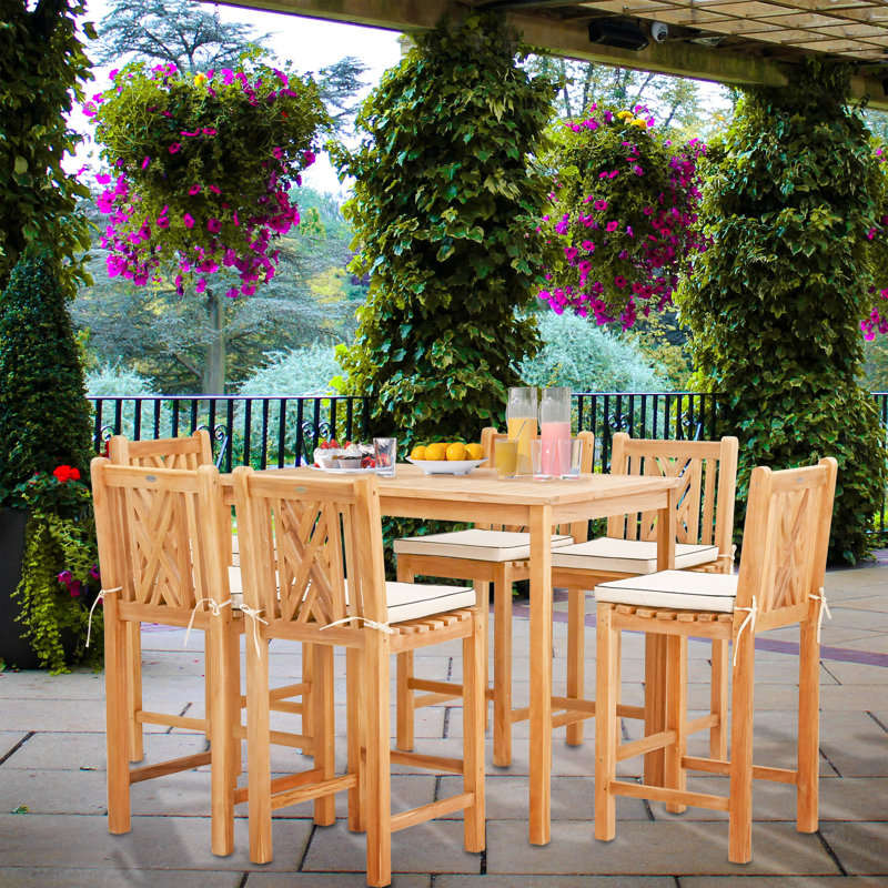 Outdoor 7 - Piece Teak Bar Height Dining Set with Cushions, 63" L x 35.5" W x 43" H