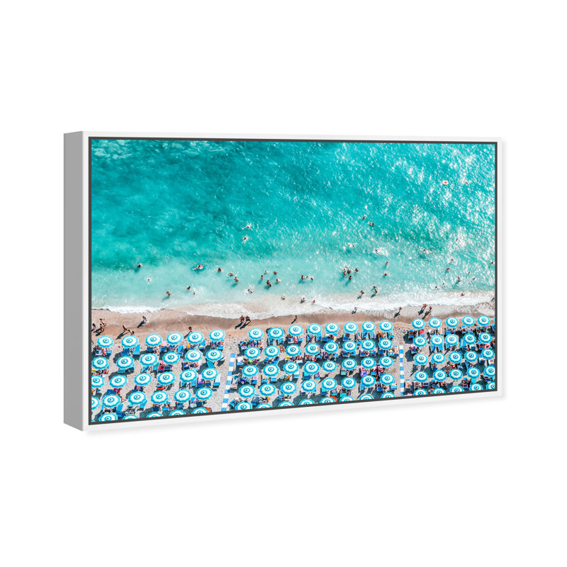 Paradise Beach Umbrellas - impression, Noir, Cadre flottant blanc, H 20 po x l 30 po