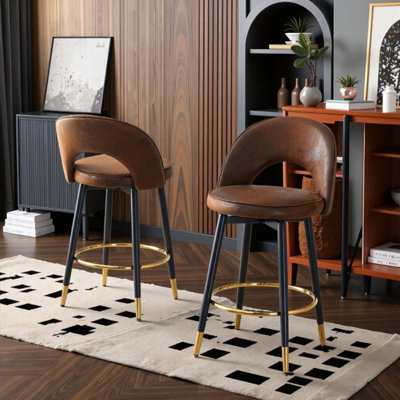 360° Rotatable Modern Bar Stools Set of 2 - Brown Fabric & Black Metal, Ergonomic Design for Kitchen, Office, Terrace