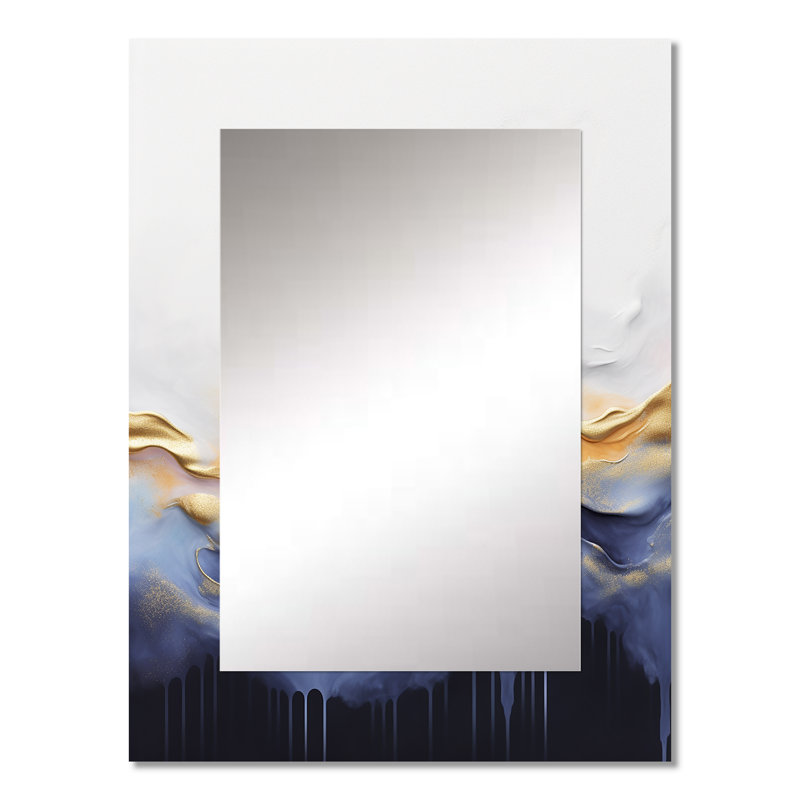 Abstrait bleu et jaune cascade de marbre I - miroir mural à encre liquide, miroir décoratif bleu, impression sur métal