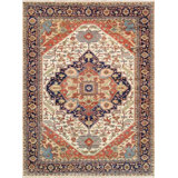 Canvello Serapi Hand-Knotted Ivory/Navy Wool Runner Rug-10' X 13'11"
