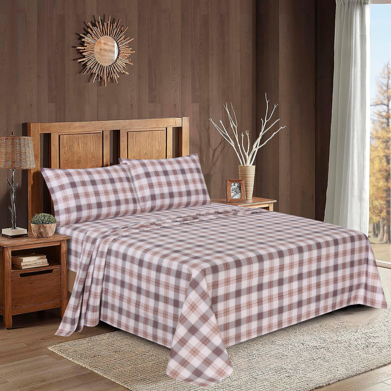 Ensemble de draps 100% flanelle 4 pièces, Ensemble de draps pour lit simple avec quatre piè, Beige et gris / écossais