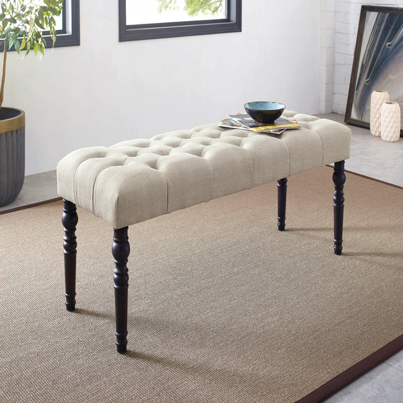 Dining Room Bench - Fabric Upholstered Tufted Seat, Turned Wood Legs, Tan