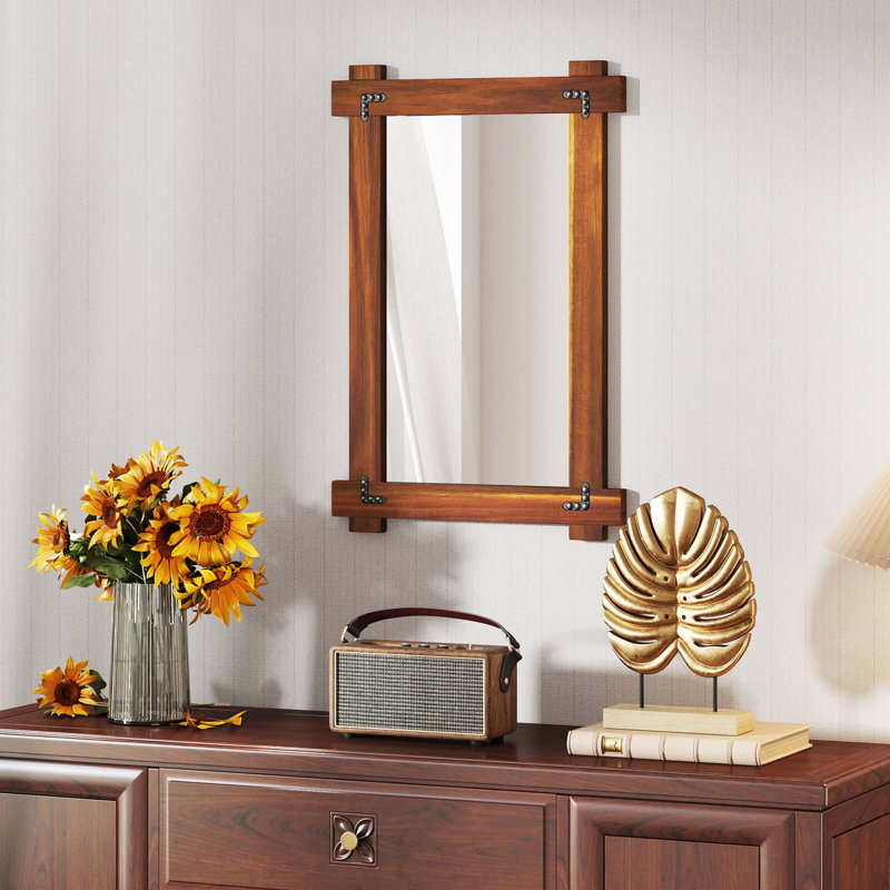 Miroir mural incassable avec cadre en bois d'acacia et design de rivet rétro, 30 po x 20 po