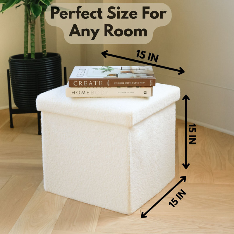  Go-Poufs Knock-Down Medium Cube Teddy Boucle Storage Ottoman | 15"x15"x15" |, White Cotton Blend