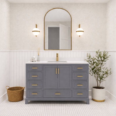  Meuble-lavabo simple 48 po avec lavabo et comptoir en quartz gris anthracite Maya, avec portes à fermeture en douceur et tiroirs - quincaillerie or brossé Maya
