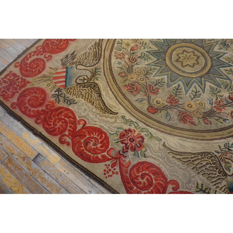 Antique American Hooked Wool & Cotton Ivory Rug