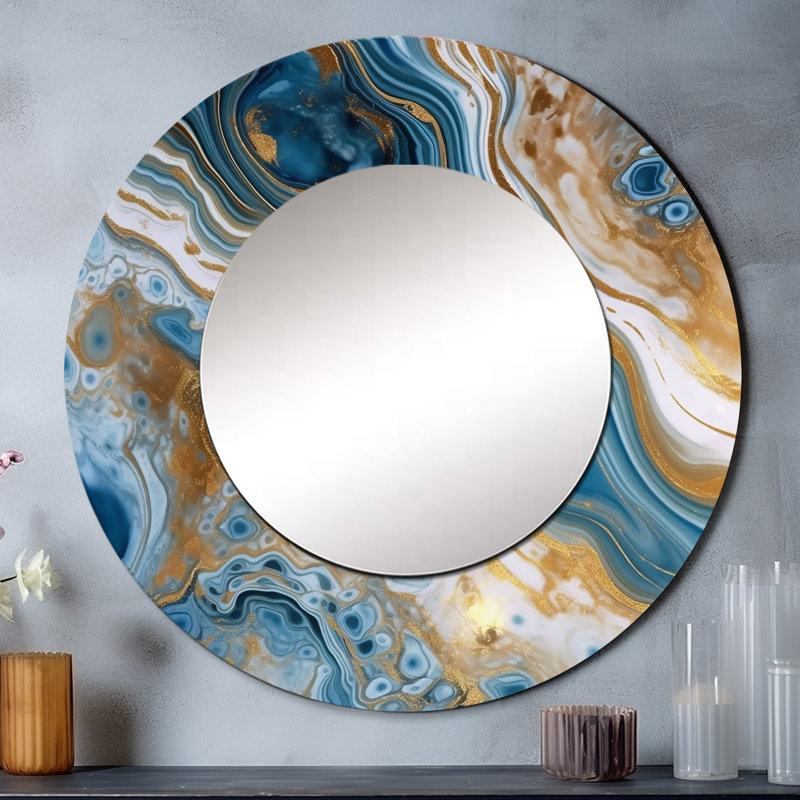 Blue and White Marble Dreams - miroir décoratif abstrait, miroir mural rond bleu, impression d'art en métal, 23 po x 23 po
