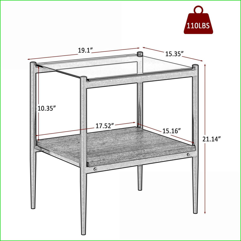 Ensemble de 2 tables basses en verre trempé gris, surface facile à nettoyer et amp; Tablette en bois aggloméré peu encombrant: L 19,1 po x l 15,35 po x H 21,14 po