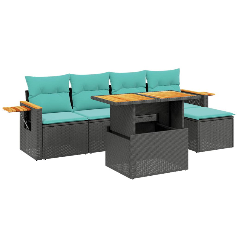  Ensemble de canapé de patio 6 pièces avec coussins en rotin de polyester, Noir, Vert