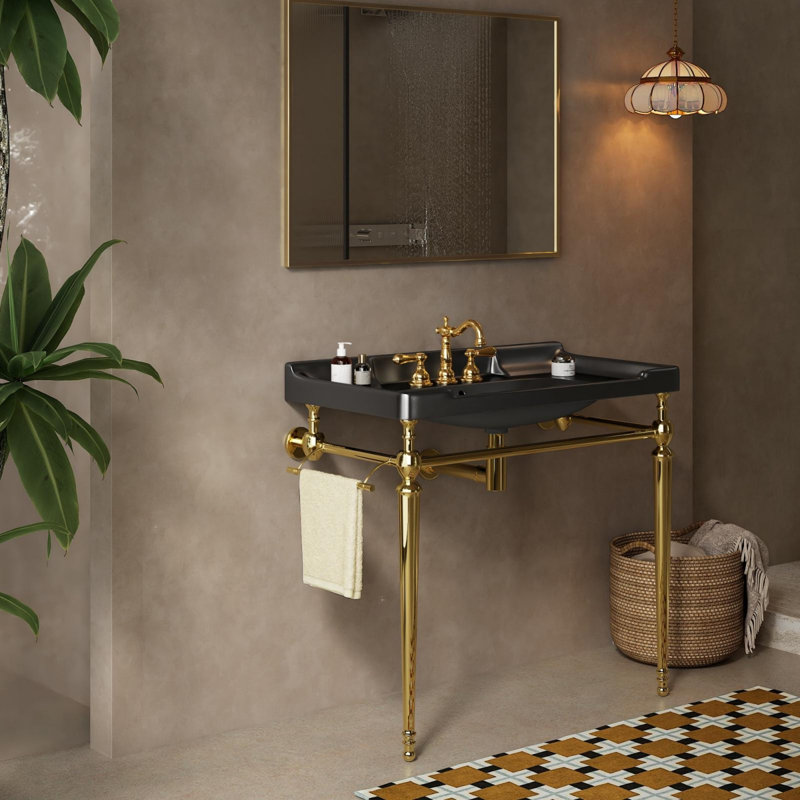 Lavabo de console de salle de bain, lavabo mural, pieds de support autoportants, sans robinet, Doré, Noir