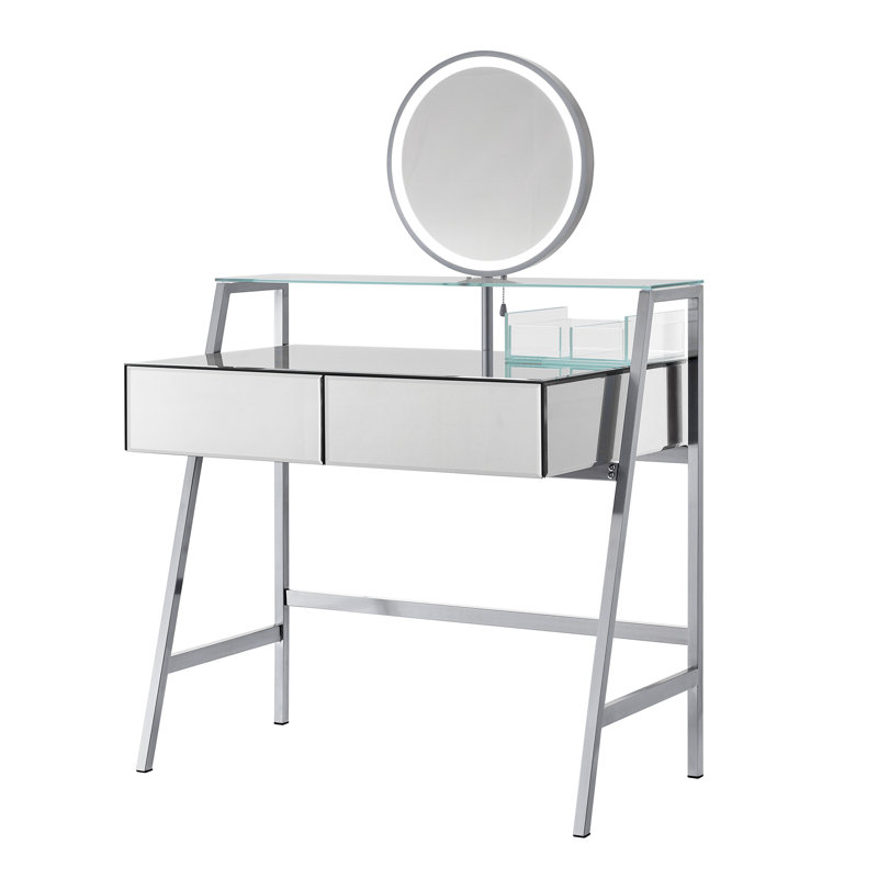 Chic Mirrored Makeup Vanity Desk with Storage and Charging Feature for Bedroom