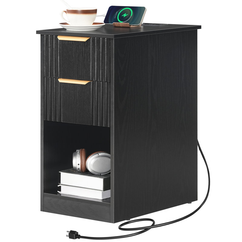 Table de bout étroite avec 2 tiroirs et station de charge intégrée