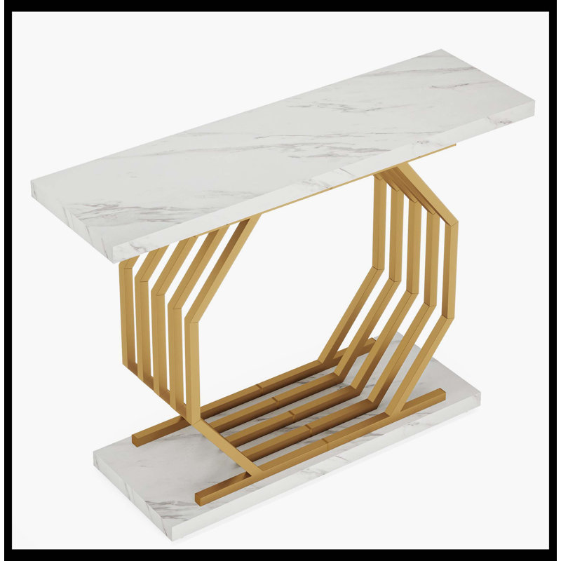 Faux Marble Console Table, 40" Accent Sofa Table With Geometric Metal Base, White/Gold