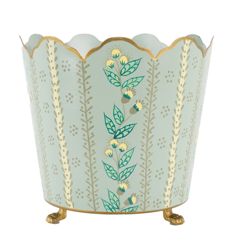 Green & Gold Floral Scalloped Bucket Tole Planter, Large, 10" H x 10" W x 10" D, Pale Green