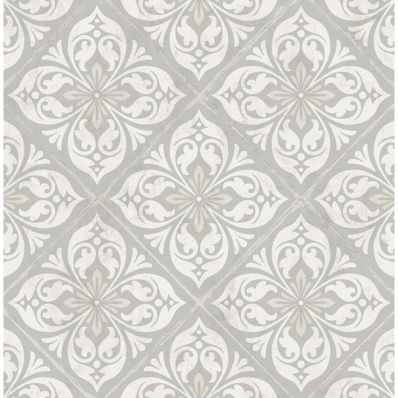 Rouleau de papier peint L 32,81 pi x l 20,5 po Plumosa Tile, Gris anse / argent