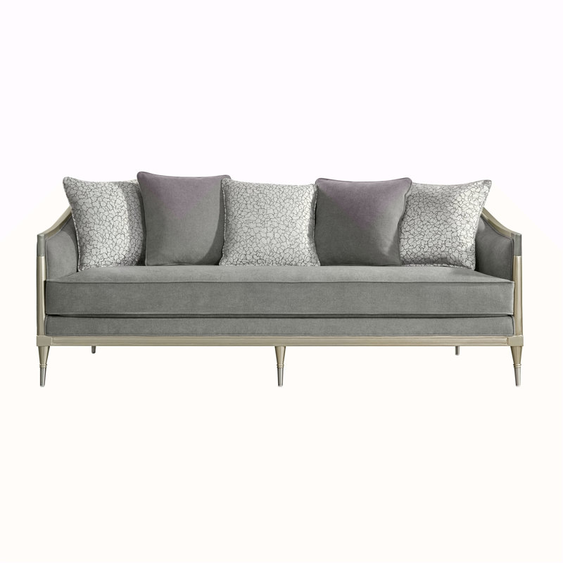 Canapé gris en chenille et champagne avec 5 coussins