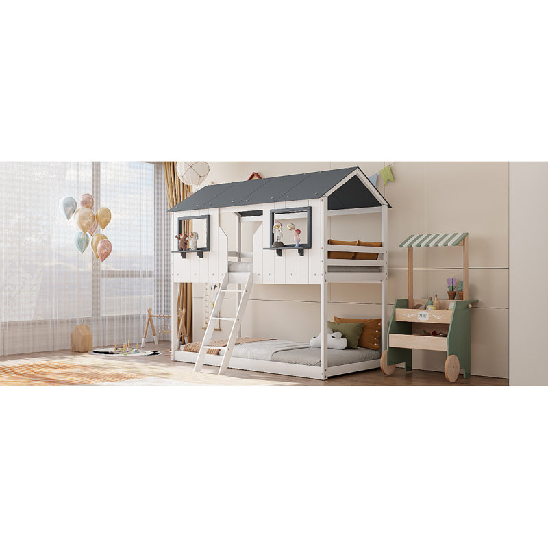 Lit superposé simple au-dessus d'un lit simple en bois avec toit, fenêtre, garde-corps et échelle (blanc)