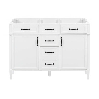 Armoire de salle de bain 48 po, base de meuble-lavabo autoportant en panneau de fibres à densité moyenne avec 4 tiroirs et 2 portes, armoire de rangement avec tablettes réglables, structure et pieds en bois massif, poignées en métal, armoire seulement