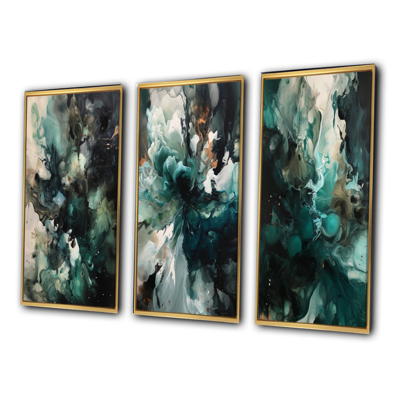 Art mural vert et blanc marbré III - art abstrait géométrique, ensemble de 3, Cadre flottant doré, H 40 po x l 60 po