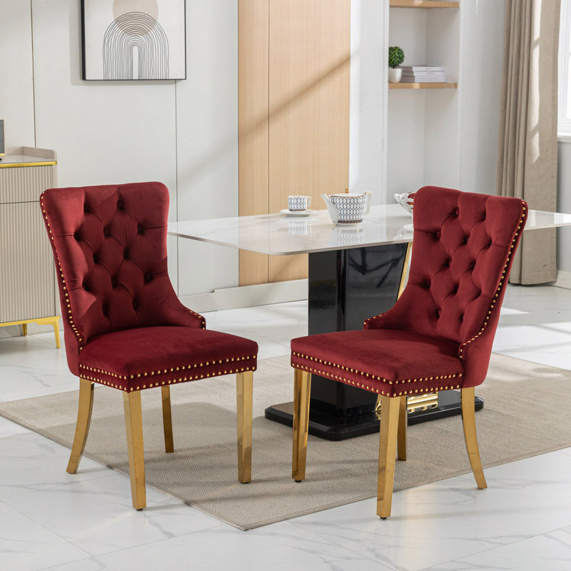 Chaise de salle à manger rembourrée en velours de bois massif haut de gamme avec pieds en acier inoxydable, garniture cloutée, ensemble de 2