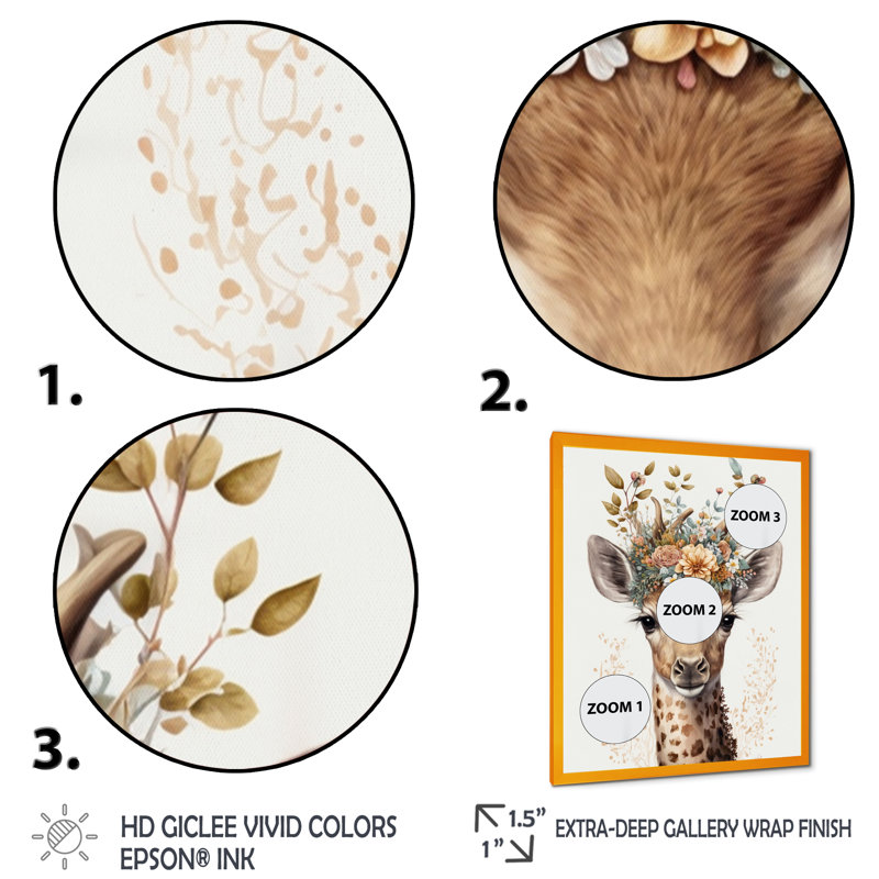 Mignon bébé girafe avec couronne florale II - animaux, art mural sur toile, L 30 po x H 40 po, Encadrement doré