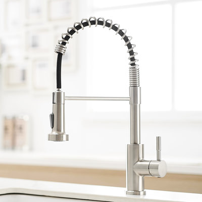 Robinet de cuisine classique avec tirette, nickel brossé, acier inoxydable, poignée simple
