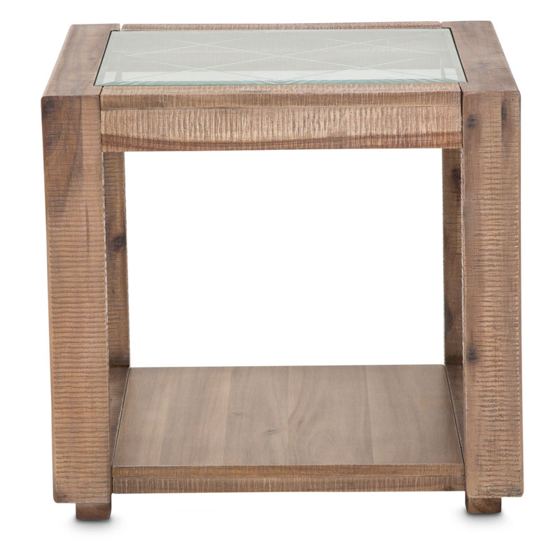 Elegant Hudson Driftwood Square End Table with Glass Shelf