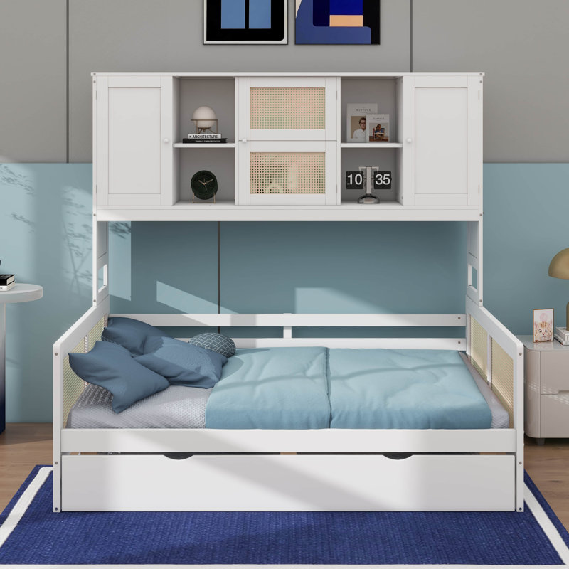 Lit de jour en bois avec couchette coulissante et armoire intégrée, Lit double, Blanc