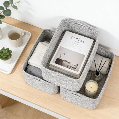 Woven Rope Storage Baskets 3-Pack, Collapsible Organizer Bins For Shelves, Closet, And Home Organization, Rectangular Decorative Baskets For Towels, Toys, And Essentials
