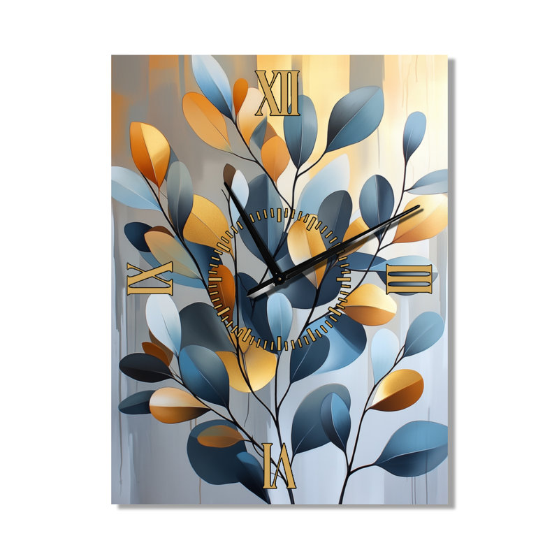 Eucalyptus en lumière dorée II - Grande horloge murale botanique en métal, 32" H x 24" W - Rectangle