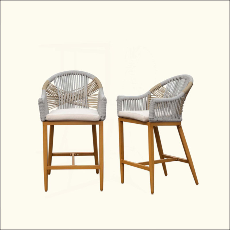 Ensemble de 2 tabourets de bar avec accoudoirs et dossier, chaises de bar à hauteur de comptoir d'extérieur avec coussin, tabourets de bar hauts en aluminium avec corde en textilène moderne, tabourets de bar pour le jardin, la piscine, le patio et la cuisine