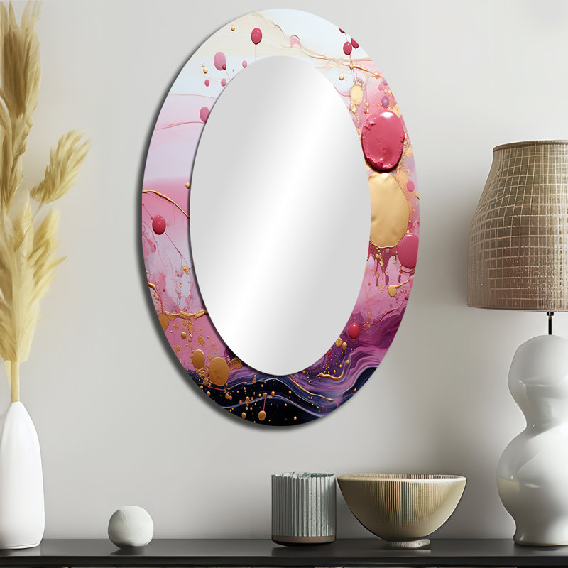 Or et rose moderne liquide formes IV - miroir mural ovale moderne, H 36 po x l 24 po
