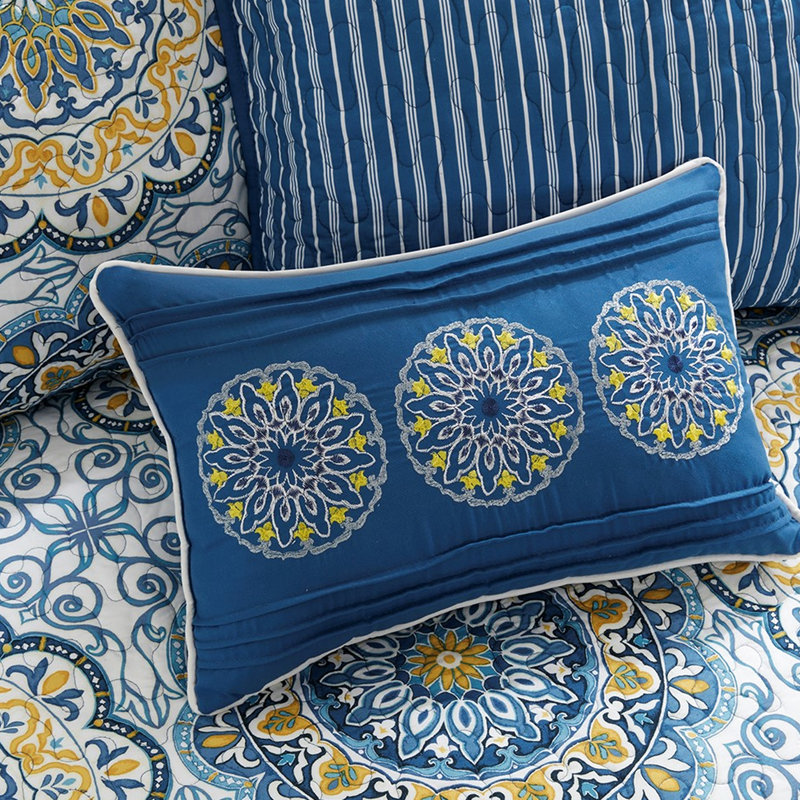 Housse de lit de jour - réversible bleu 6 pièces, avec revers rayé et grand imprimé médaillon, convient à un matelas simple, comprend une housse, 3 taies décoratives, 1 coussin décoratif, imprimé réversible lavable à la machine