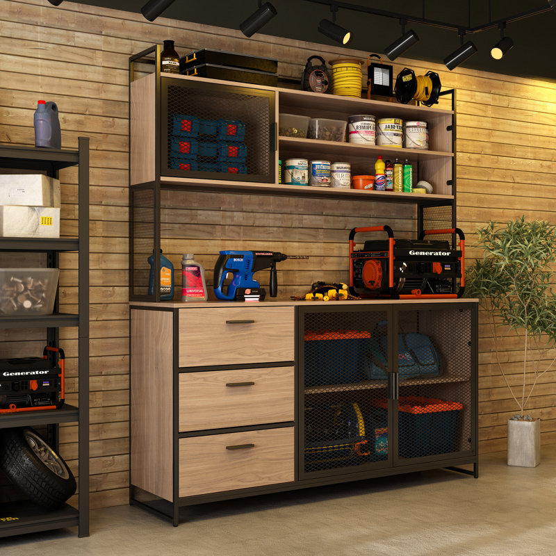 Établi de garage robuste avec grand espace de rangement et comptoir renforcé, Noir / Beige