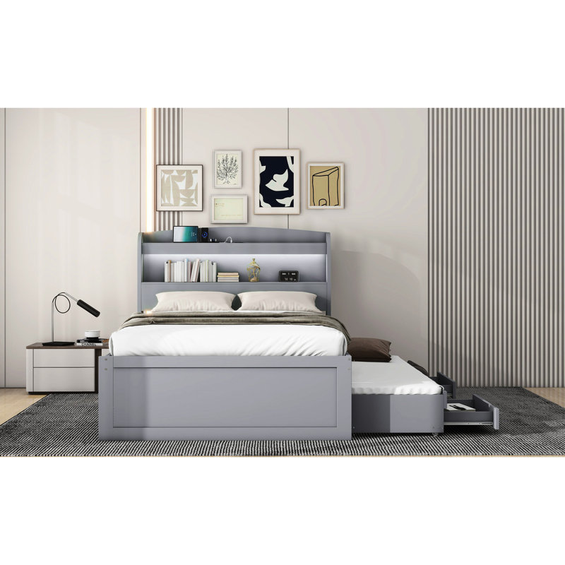 Lit plateforme simple TG avec grand rangement, tête de lit à DEL et charge, brun foncé, 2 tiroirs, compartiments de rangement gigogne brun, tête de lit, chargement