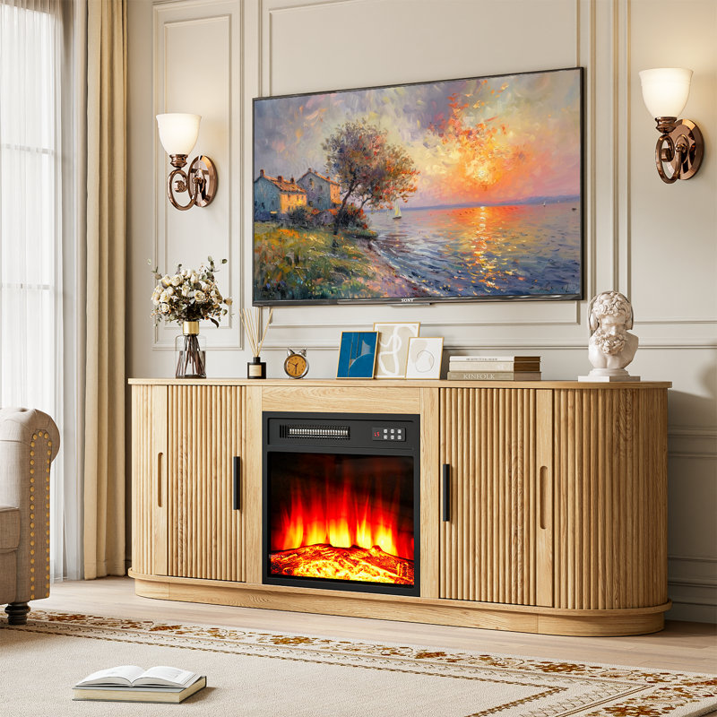 Curved TV Stand with Electric Fireplace, 23.3”H x 60”L x 15.7”W, Natural