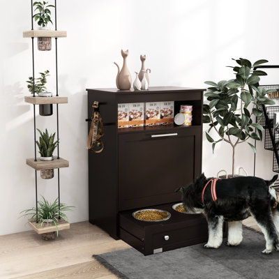 Rangement pour animaux de compagnie avec bols surélevés et armoire, brun - Gardez la zone propre: Mangeoire pour fournitures