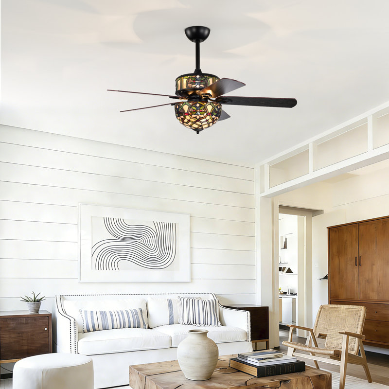 Parponk 52-Inch Flushmount Two-Tiered Lighted Ceiling Fan Green Hatch Tiffany Glass Lamp Black Finish