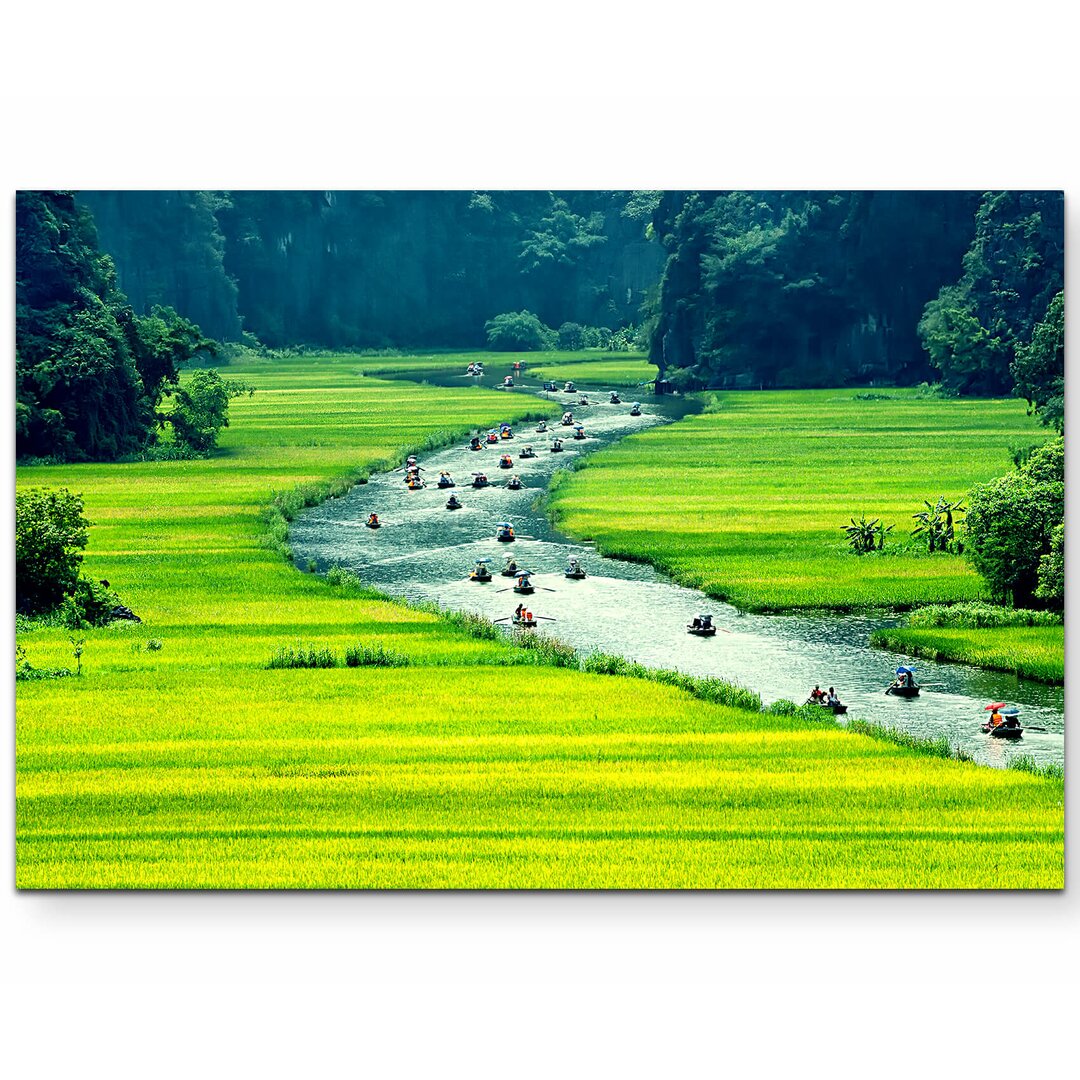 Leinwandbild Fluss Ninh Binh zwischen Reisfeldern – Vietnam