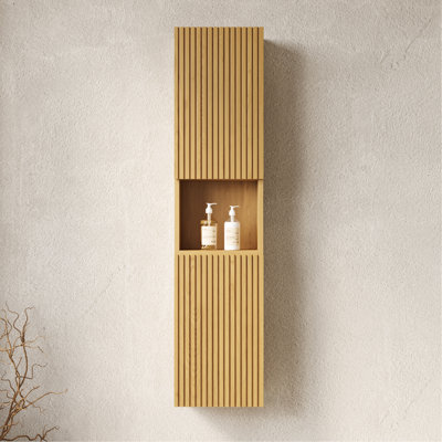 Narrow Bathroom Storage Cabinet 59" Tall - Wall Mounted With Doors And Shelves In Oak For Living Rooms Aesthetic Appeal