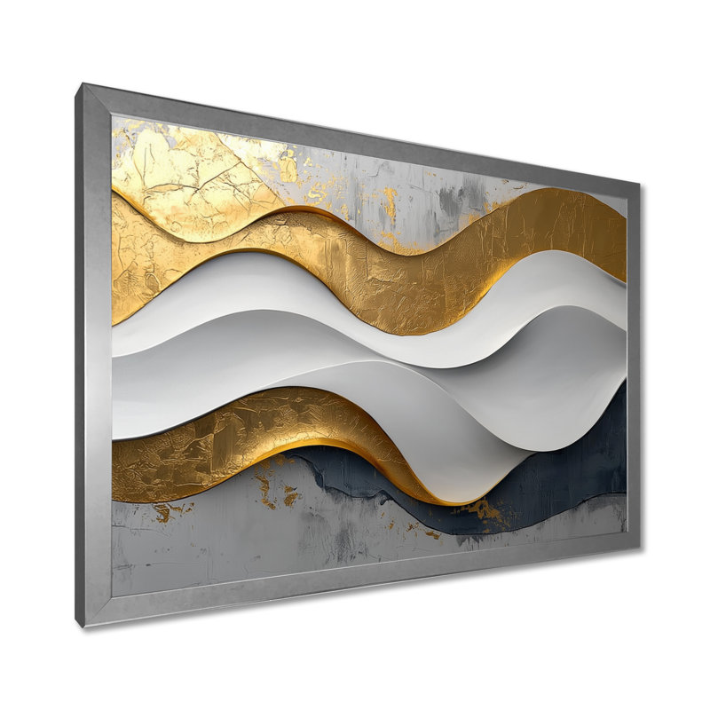 Oplis vagues abstraites d'introspection en or et blanc VI - art mural abstrait de vagues modernes pour le salon, Cadre simple