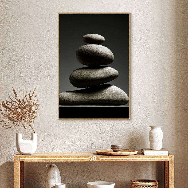 Zen Stone Pile, Floating Frame Natural Wood, 25" x 37"