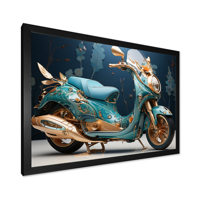 Turquoise, or, scooter personnalisé, croiseur sur toile I, H 16 po x l 32 po x P 1 po, Cadre simple noir
