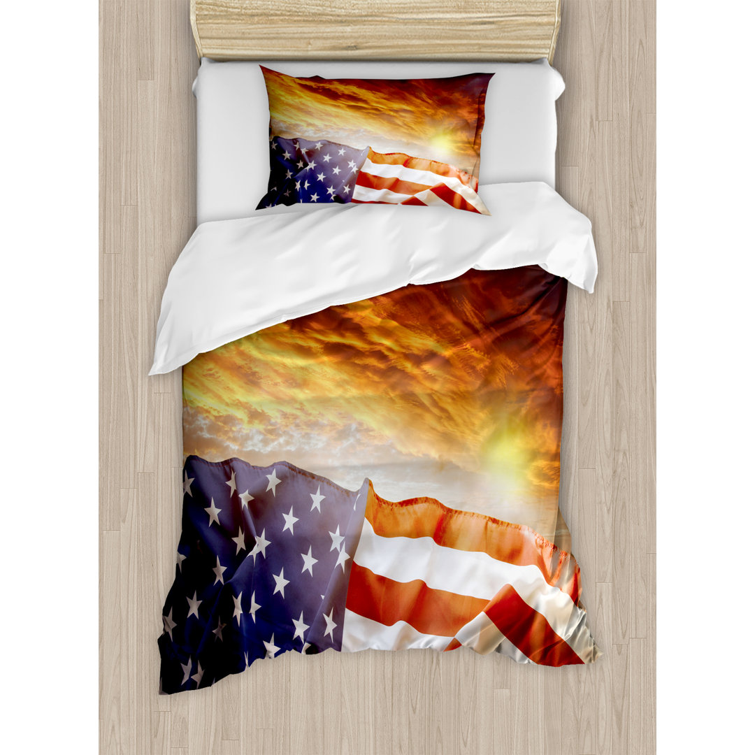 American Flag in front of Sunset Sky with Horizon Light Idyllic Photo Duvet Cover Set Ambesonne 